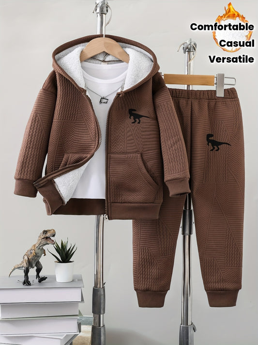 2pcs set of casual and fashionable fleece thickened Jacquard zipper pocket shoulder-length hooded sweatshirt and fleece Jacquard sports jogging pants suit, children's autumn and winter comfortable and versatile clothing, can