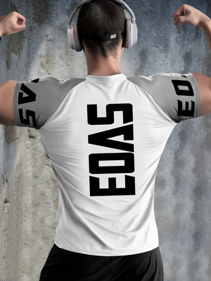 Men's Quick-Dry Breathable Mesh Sports T-Shirt - Summer Gym Workout Top with Contrast Black  White Sleeves  for Man Letter Print, Slim Fit for Running Training Casual Wear, Breathable Running Gear   Sporty Casual Tee   Mesh