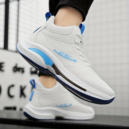 Men'S High-Top Lace-Up Athletic Sneakers - Breathable Fabric, PVC Sole, EVA Insole, Stylish Blue  White Design for Casual and Outdoor Activities, Everyday Sneakers   Sporty Casual Shoes   Durable PVC Sole