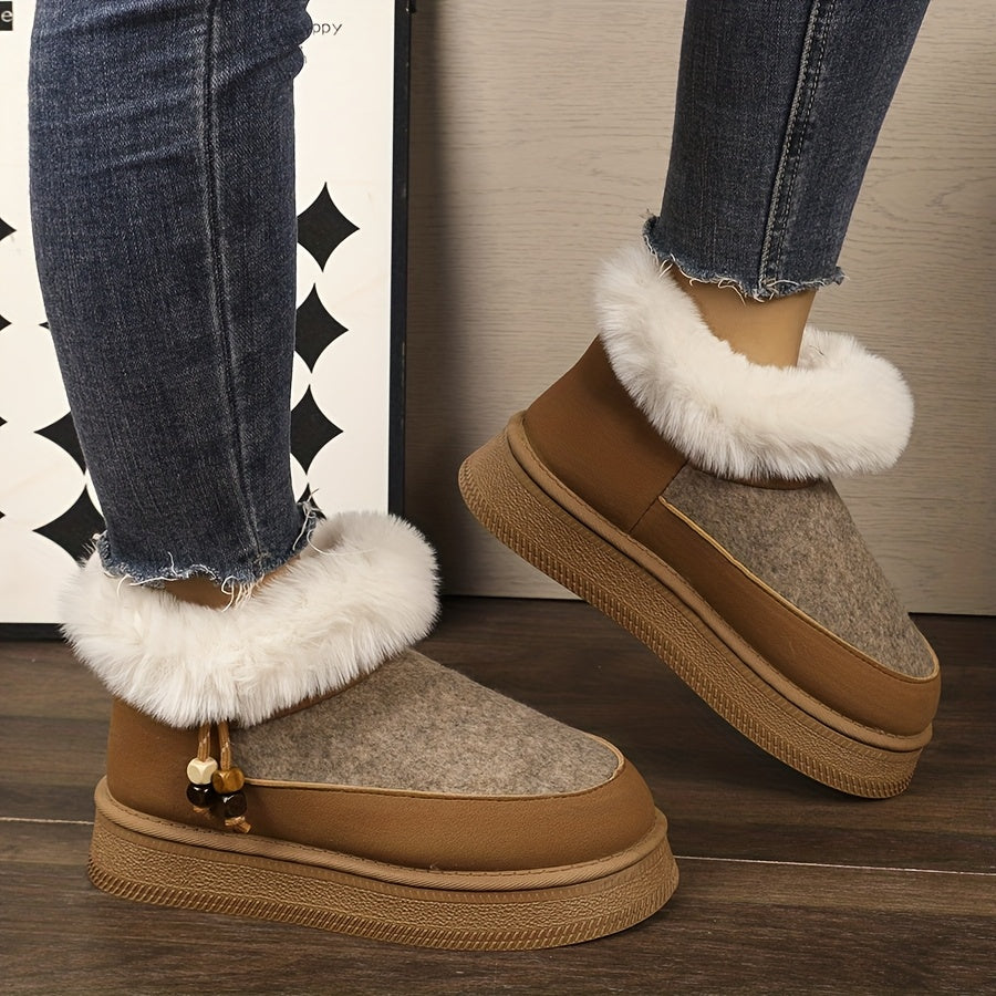 Women's Chunky Platform Winter Snow Boots with Plush Faux -Like Collar & Thick Rubber Sole - Beige/Dark Grey Round-Toe Traction for Ice, Snow, Slush - Cozy Casual & Formal Wear (Golden Buckle Accent)