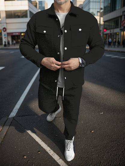 1set Men'S Casual Solid Color Polyester Outfit - Long Sleeve Button-Down Lapel Collar Jacket with Pockets and Drawstring Long Pants Set for Fall/Winter