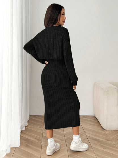Women'S Autumn And Winter Outfit Featuring a Long-Sleeve Top with a Coat And a Camisole Dress in a Two-Piece Set.