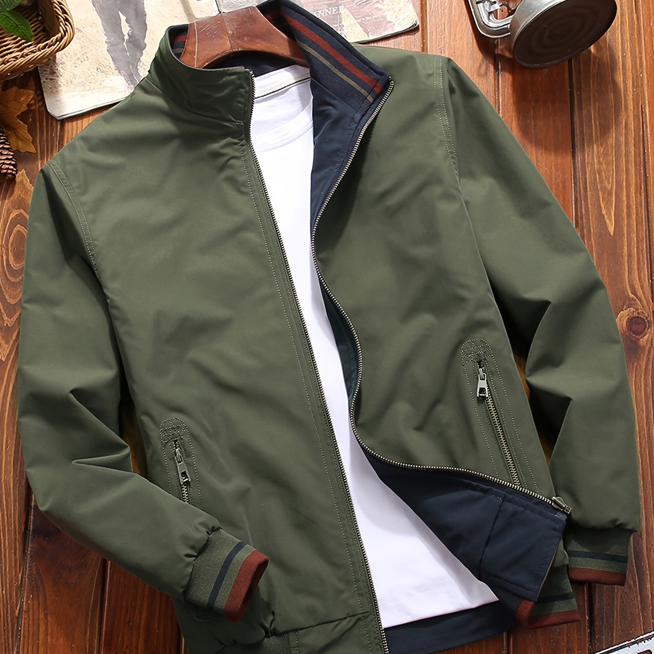 Men'S Stylish Beige Bomber Jacket with Red & Blue Trim - Double-Sided, Metal Zipper, Casual & Formal Wear, Perfect Gift for Husband or Boyfriend, Casual Outerwear | Doubleside Jacket | Polyester Lining