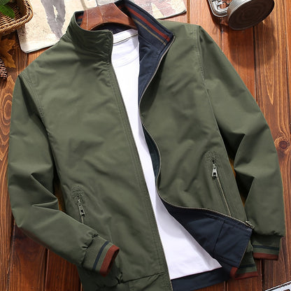 Men'S Stylish Beige Bomber Jacket with Red & Blue Trim - Double-Sided, Metal Zipper, Casual & Formal Wear, Perfect Gift for Husband or Boyfriend, Casual Outerwear | Doubleside Jacket | Polyester Lining