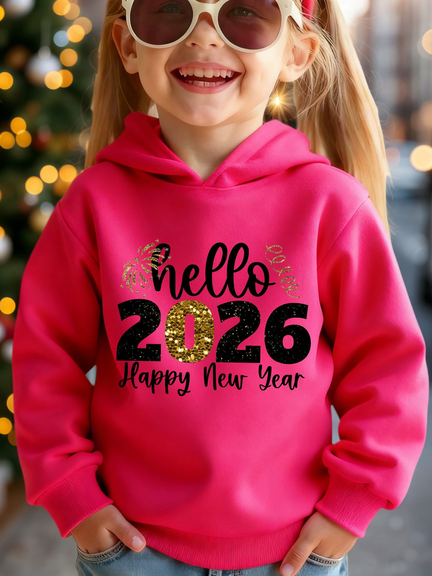 Girls' 2026 New Year'S Hooded Sweatshirt - Hello 2026 Happy New Year Lettering, Mint Green with Golden Glitter Accent, Cozy Fleece Pullover for Christmas & New Year, Winter Casual Wear, Christmas Sweatshirt, Festive Clothing,