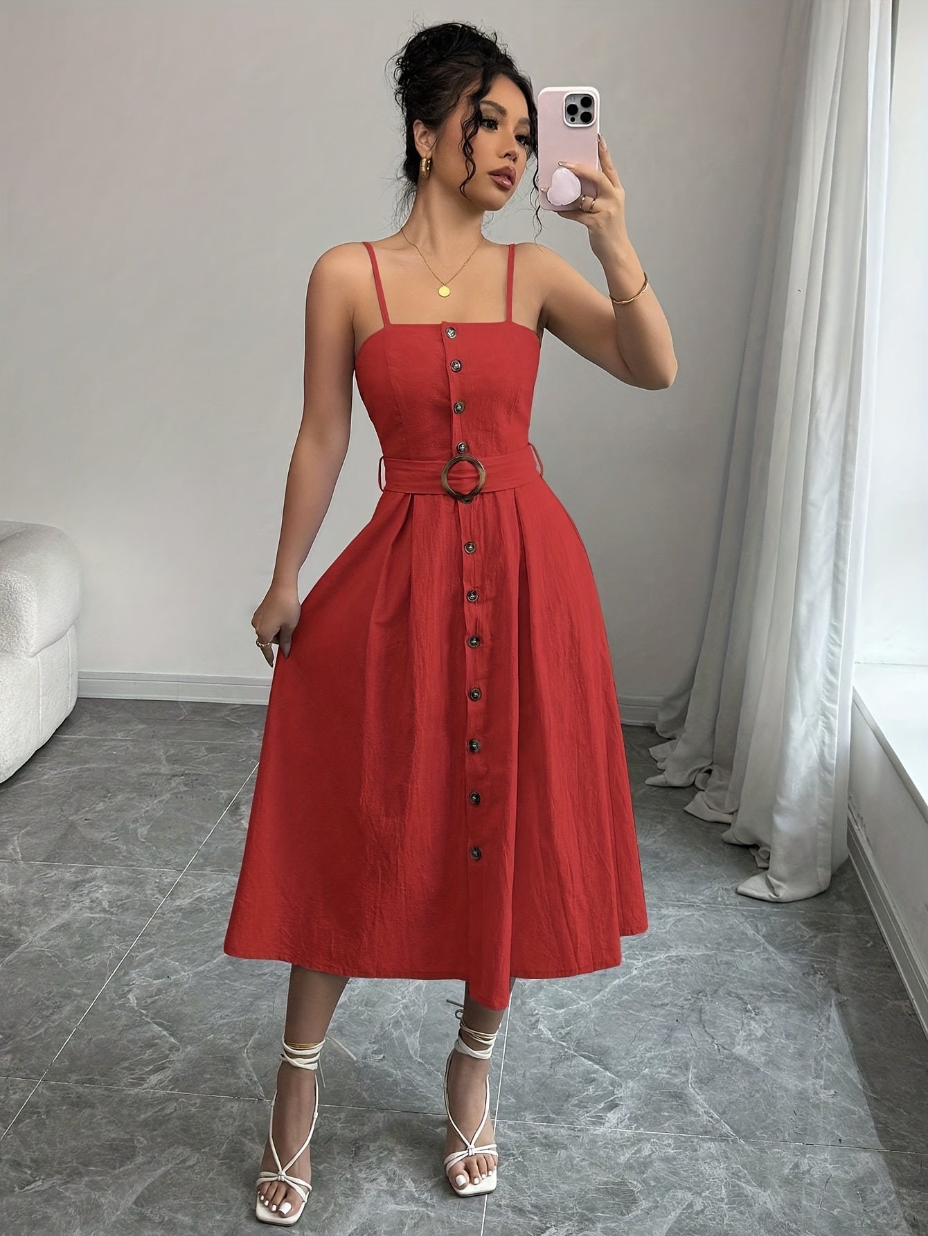 Elegant Sleeveless Midi Dress with Button Detail for Women