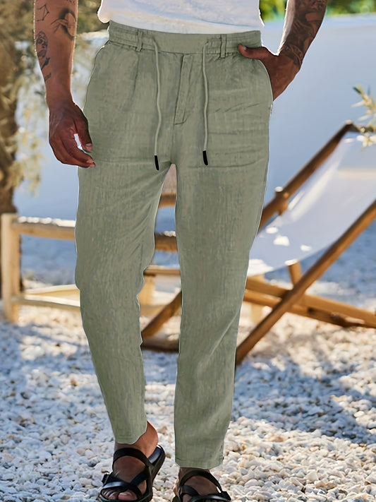 Men'S Casual Linen Drawstring Pants - Comfortable Straight Fit, Lightweight & Breathable for Beach & Outdoor Activities, Beach Casual Wear|Straight Fit Pants|Lightweight Fabric