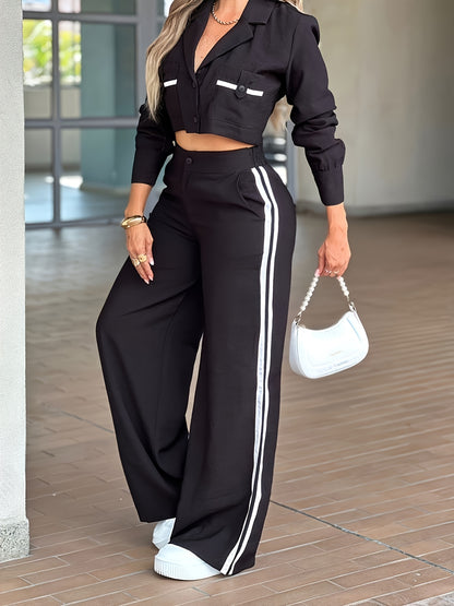 Women's Casual 2-Piece Set: Lapel Cargo Jacket & Wide-Leg Pants - ayq