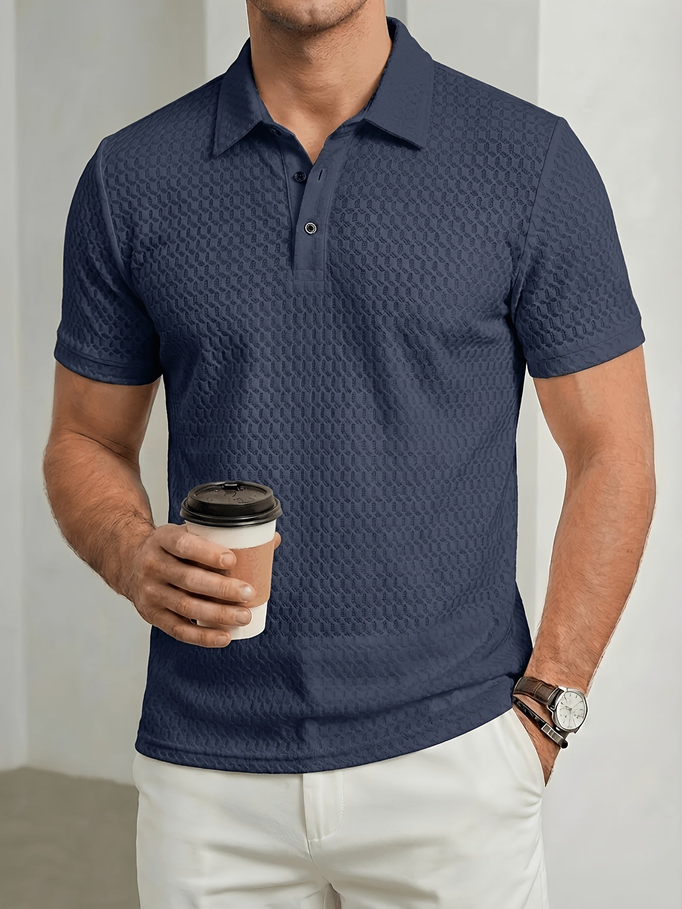 Men's Breathable Waffle Knit Polo Shirt, Summer Casual Work Tee