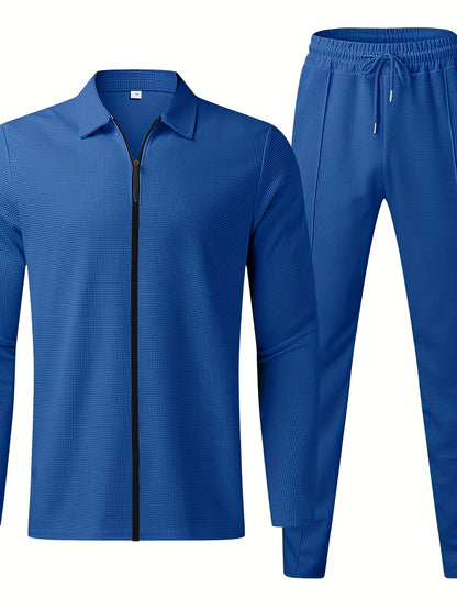 Men's Waffle Collar Suit Fashion Zipper Cardigan Casual Set