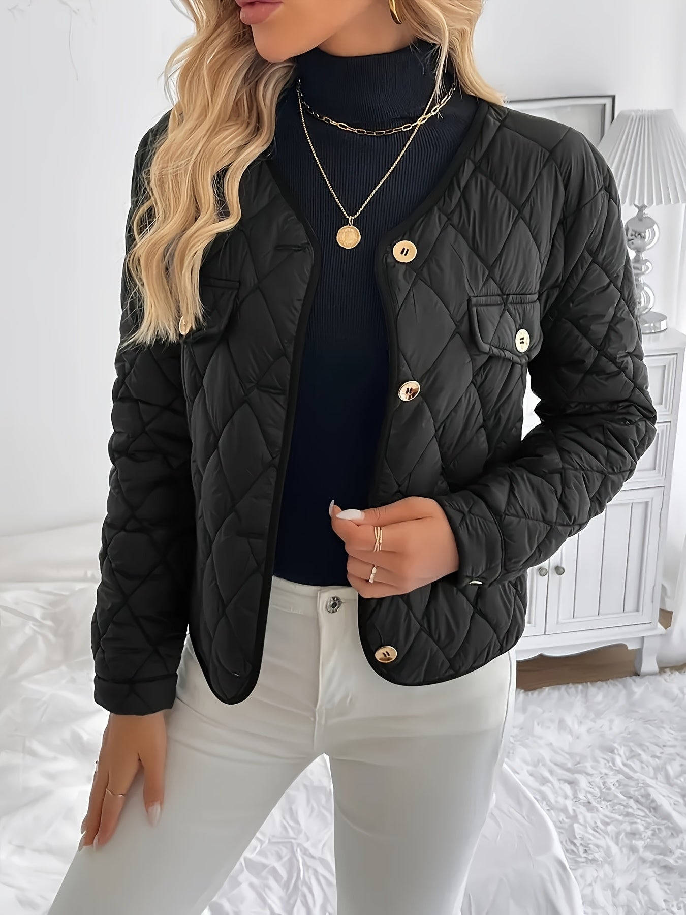 Women'S Quilted Jacket with Golden Buttons - Stylish White Long Sleeve Coat, Casual Fit, Faux Pockets, Perfect for Casual Attire, Casual Wear Jacket | Quilted Jacket | Buttoned Jacket