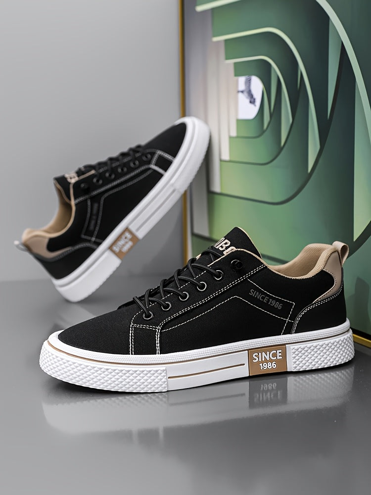 Men's Casual Low-Top Sneakers - Breathable Fabric  Durable PVC Sole, Black  Beige Contrast Design, Lace-Up Round Toe for All-Season Comfort, Versatile for Casual  Semi-Formal Wear, Comfortable Footwear, Fabric Upper