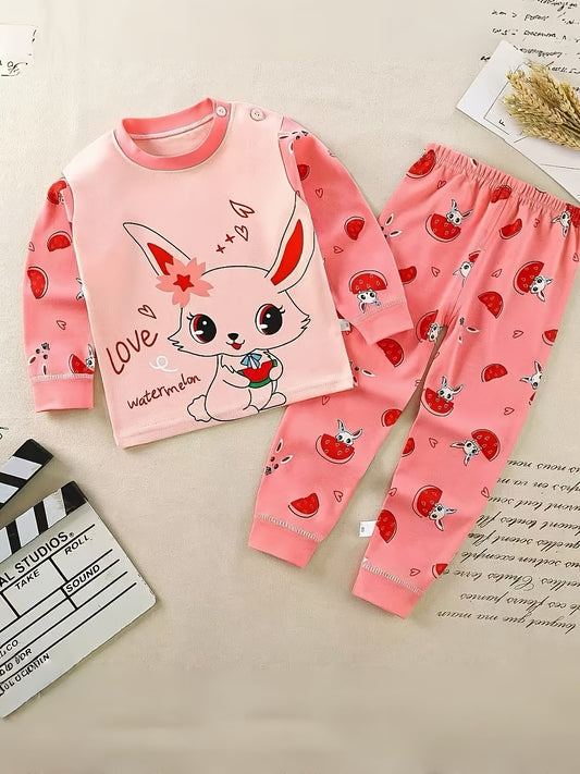 Girls' Cotton Thermal Underwear Set with Cute Rabbit Print
