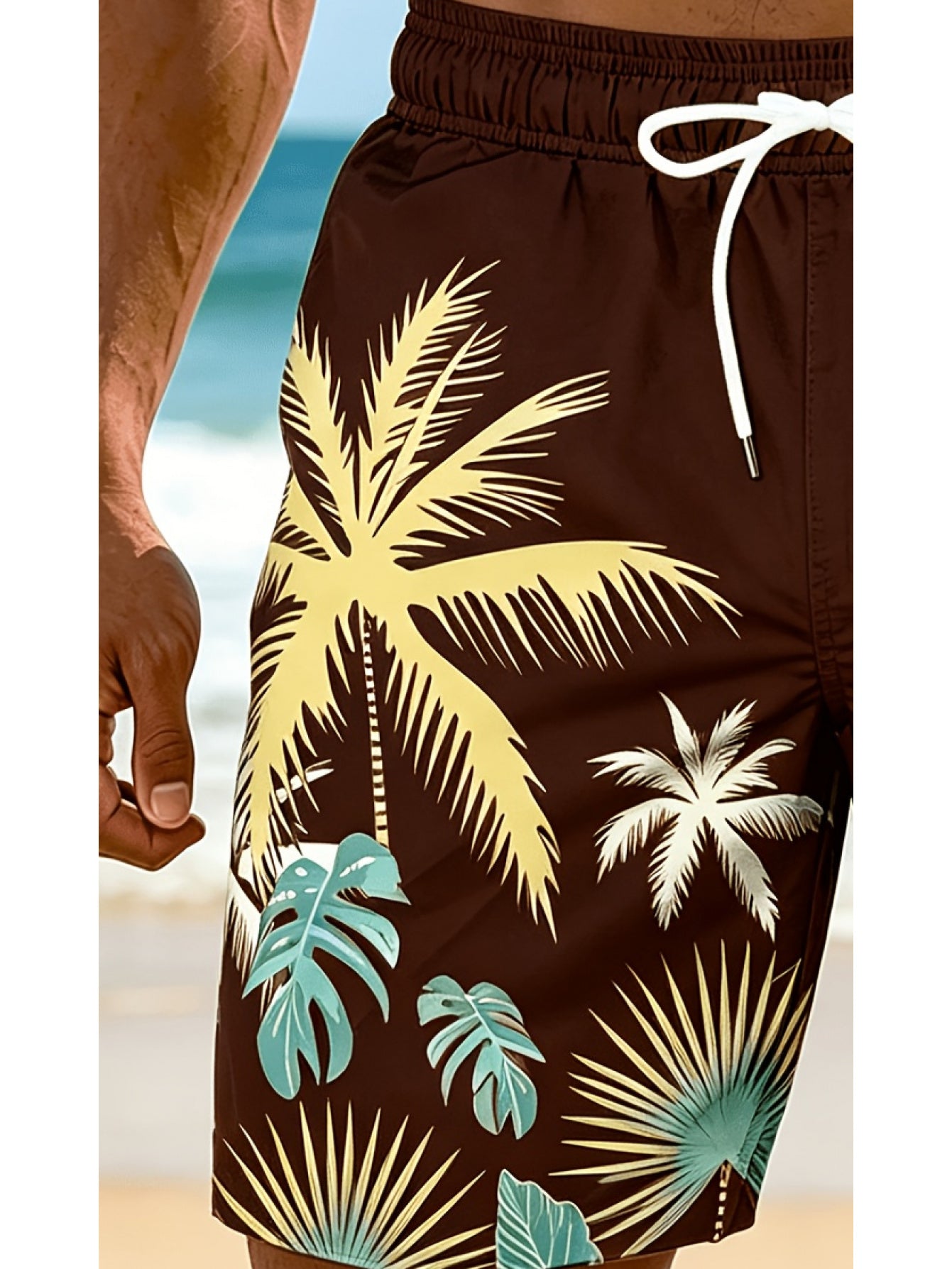 Plus Size Men's Palm Tree Print Beach Shorts, Breathable Polyester