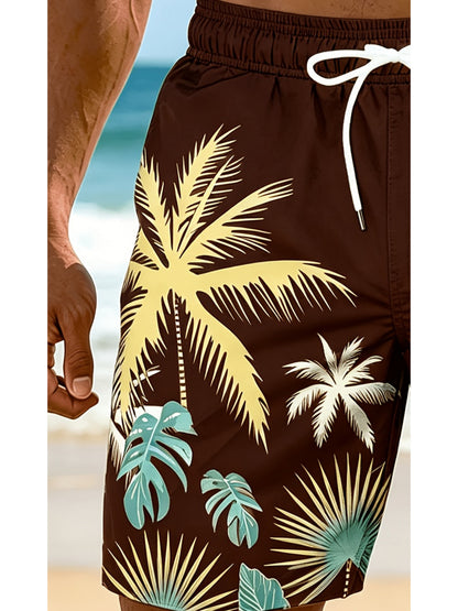 Plus Size Men's Palm Tree Print Beach Shorts, Breathable Polyester