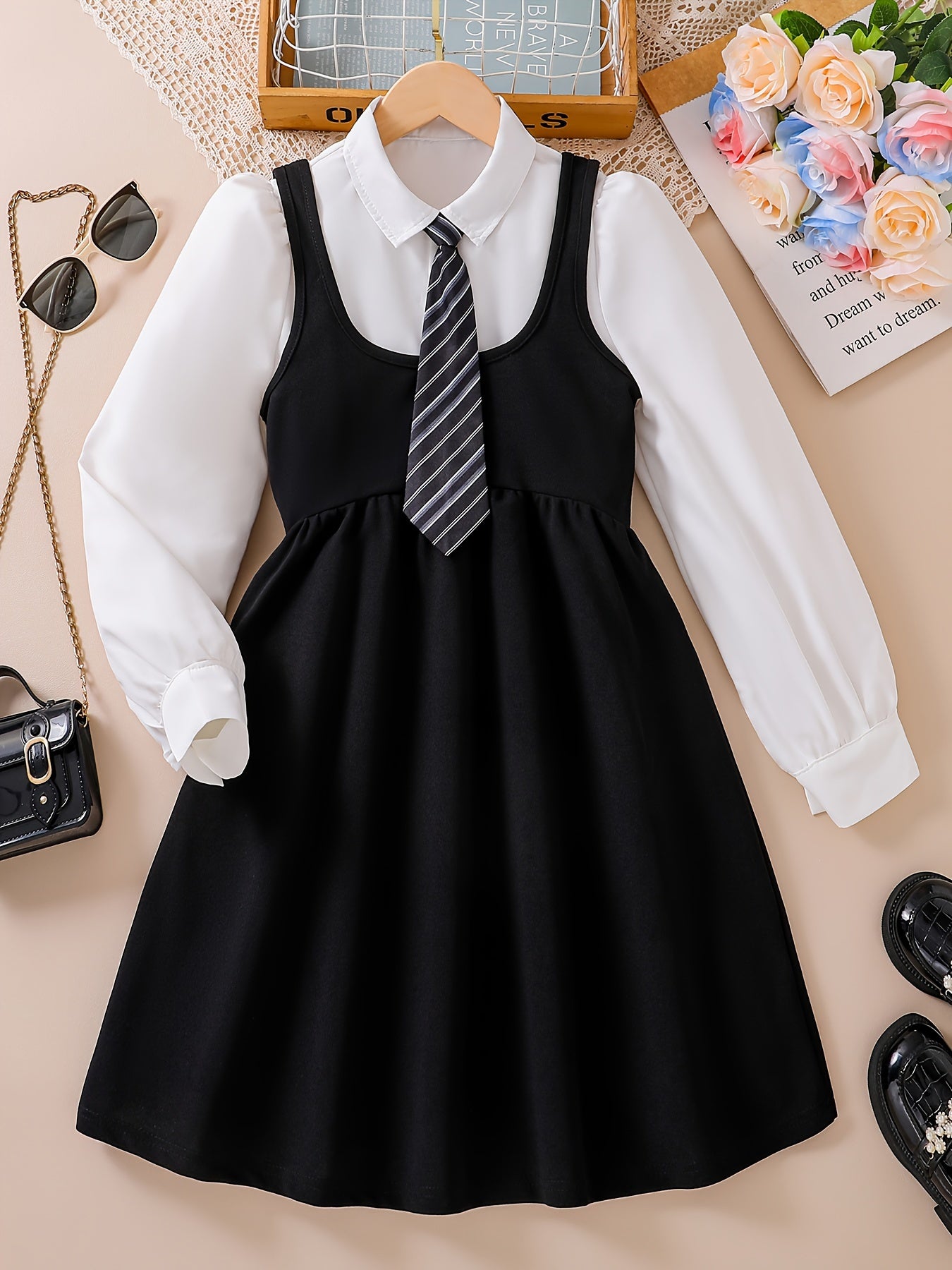 Girls' Preppy Fit & Flare School Set with Long Sleeve Top & Skirt