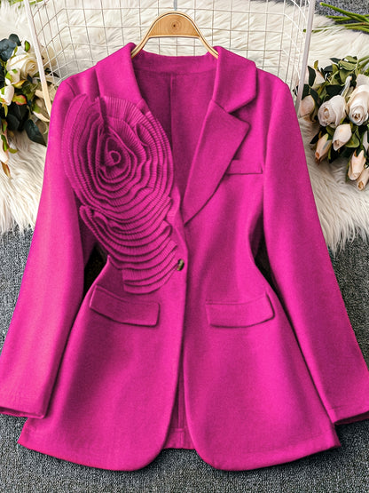 1pc Women'S Elegant Pink Blazer - Thick Winter Coat with Floral Pattern, Structured Lapel Collar & Single-Button Closure, Long Sleeve Tailored Jacket for Fall/Winter