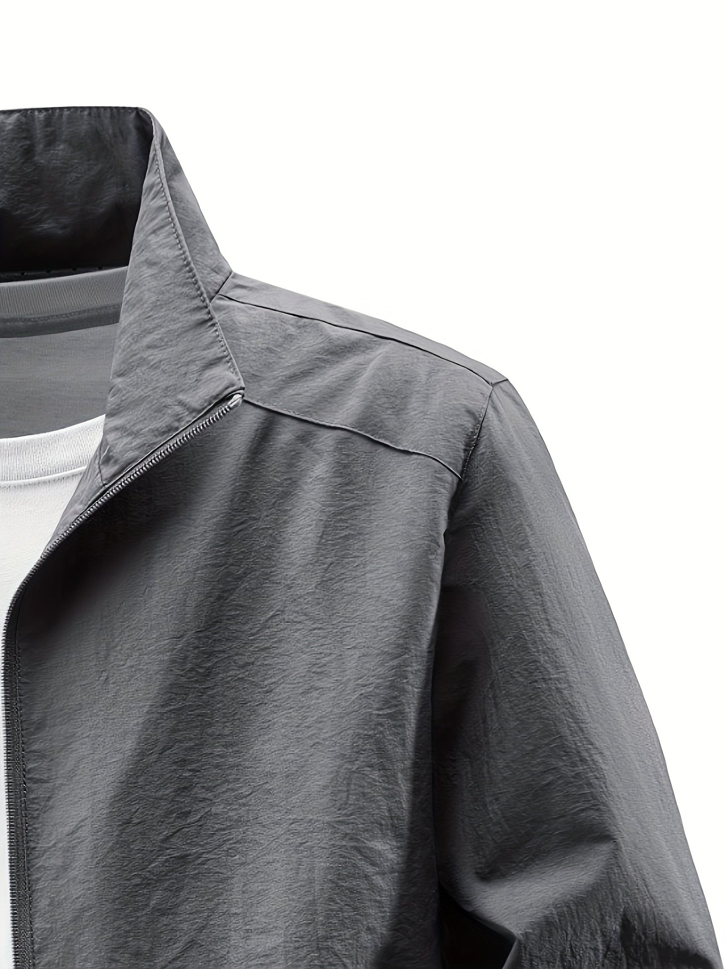 Men'S Olive Green Bomber Jacket with Stand Collar - Casual, Comfortable, Zip-Up Outerwear for Outdoor Activities, Casual Attire|Stand Collar Jacket|Zippered Jacket