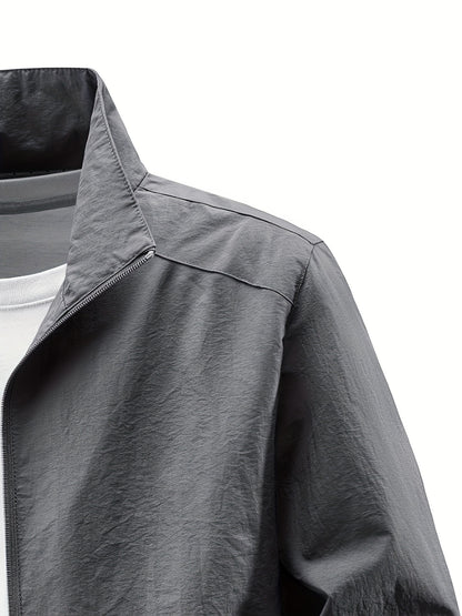 Men'S Olive Green Bomber Jacket with Stand Collar - Casual, Comfortable, Zip-Up Outerwear for Outdoor Activities, Casual Attire|Stand Collar Jacket|Zippered Jacket