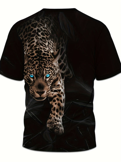 Men's Black T-Shirt with Bold Leopard Face Graphic - Short Sleeve Round Neck Casual Shirt, Lightweight Summer Top for Gym, Everyday  Formal Outfits - Machine Washable Bold Animal Print Tee, Comfortable Fit