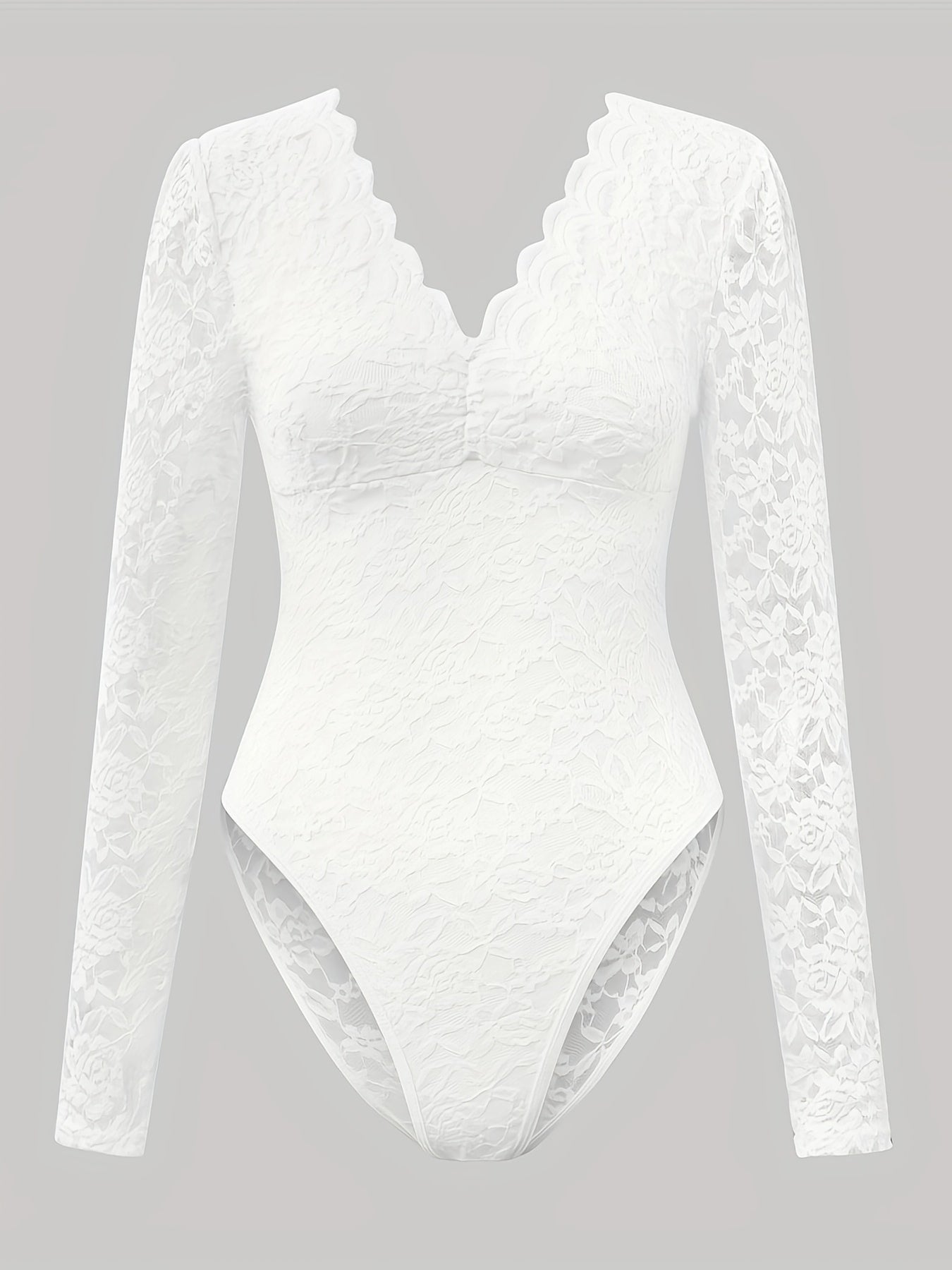 Stylish Deep V Backless Lace Rose Print Sheer Fitted Long Sleeve Bodysuit 10717