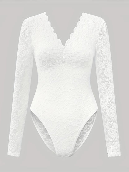 Stylish Deep V Backless Lace Rose Print Sheer Fitted Long Sleeve Bodysuit 10717