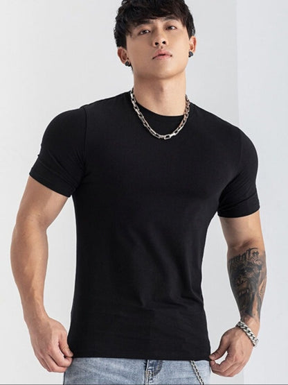 Men's Summer Athletic T-Shirt - Moisture-Wicking Stretch Fabric Slim Fit Round Neck Short Sleeve Tee for Gym, Running, Training - Solid Color Black, Gym Apparel   Machine Washable Top, Gym Shirts