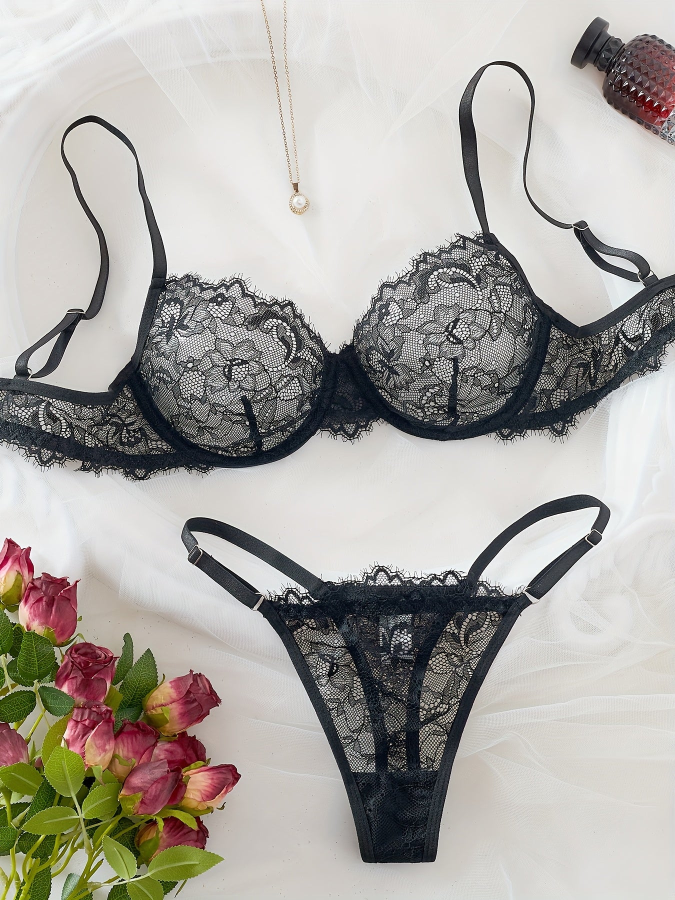 Sexy Lace Eyelash Strappy Lingerie Set for Women