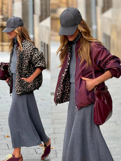 Women'S Double-Sided Reversible Zipper Front Jacket - Leopard Print & Burgundy Casual Coat, Fashionable Thickened Fabric, Durable Outerwear for Trendy Enthusiasts, Leopard Print Jacket, Trendy Outerwear, Doublelayered Design