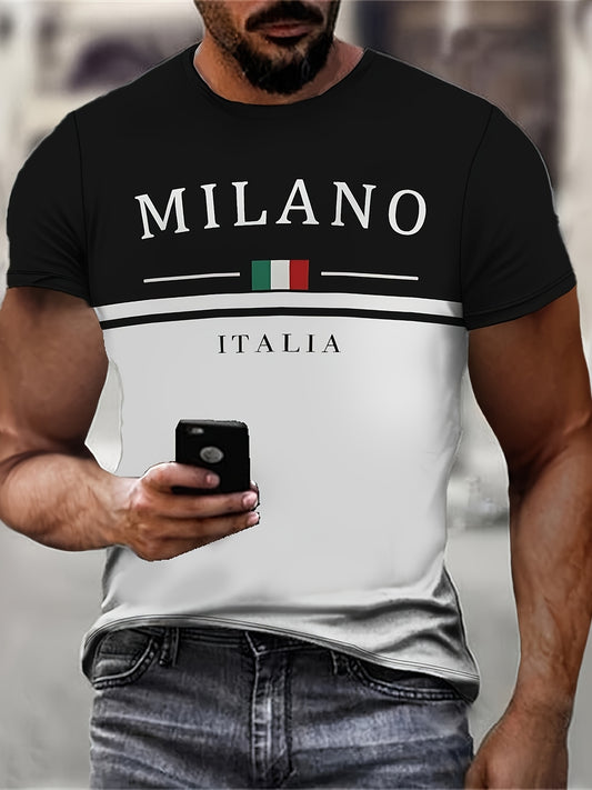 Men's Milan Italy Graphic T-Shirt, Black  White Color Block Design with Italian Flag Print, Casual Crew Neck Short Sleeve Tee for Summer, Perfect for Outdoor, Sports  Fitness, Italian T Shirt, Durable Fabric