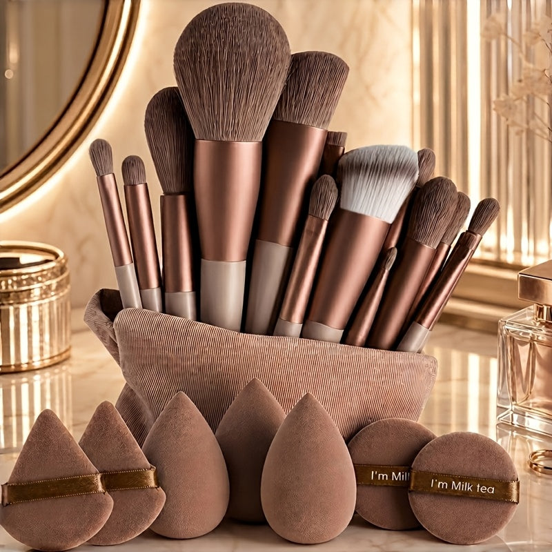 18pc Professional Makeup Brush Set with Puffs & Storage Bag