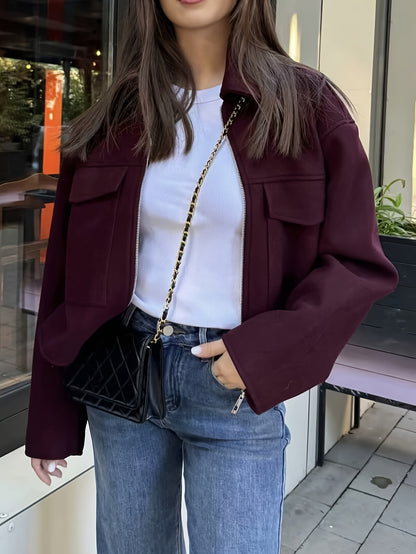 Women'S Elegant Solid Color Zipper Jacket with Large Pockets - Versatile Casual to Commuter Style, Long Sleeve, Maroon, Perfect for Fall/Winter, Casual Outerwear | Chic Zipper Jacket | Stylish Women'S Jacket