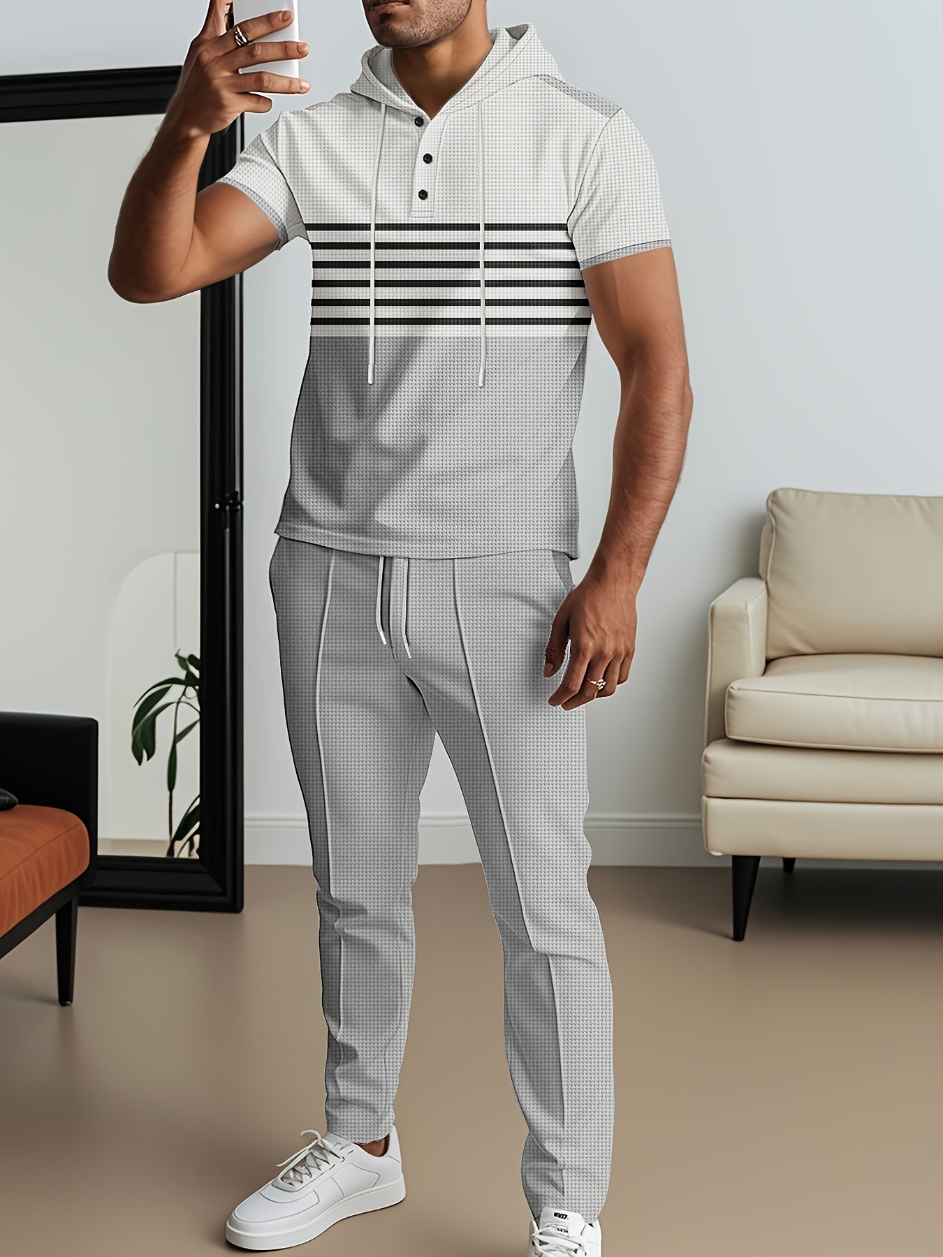 Men'S Summer Casual Sportswear Set, Striped Patchwork Short Sleeve, Polyester Material, Suitable for Leisure and Sports Outings, Fashionable and Trendy, with Drawstring Belt and Pockets, Ideal for Summer Activities, Hooded Sh