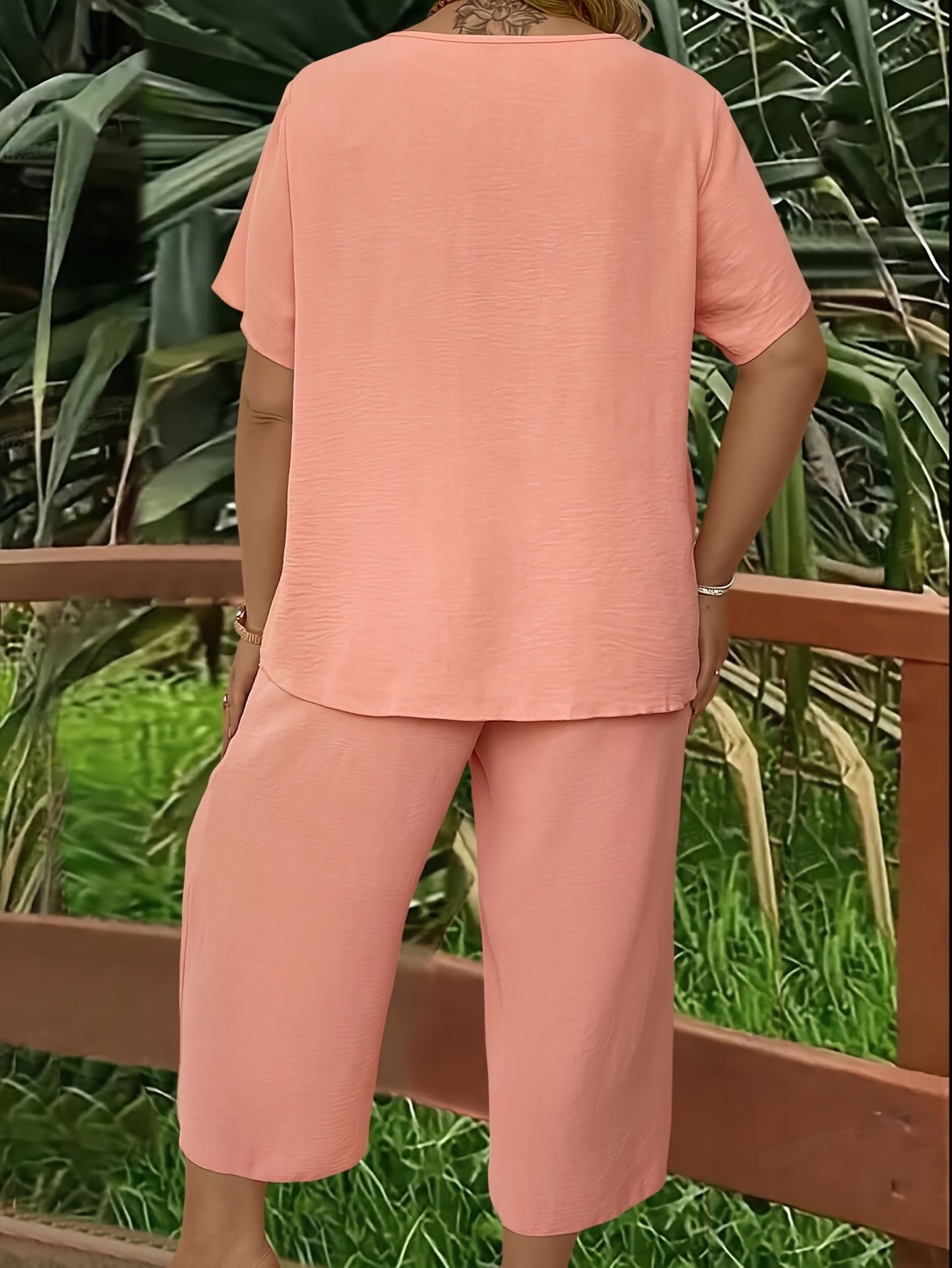 Women's Plus Size Suit, Elegant Solid Color Short Sleeve Top and Wide Leg Pants