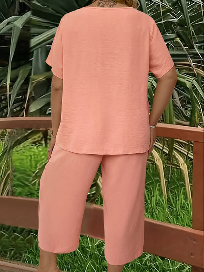 Women's Plus Size Suit, Elegant Solid Color Short Sleeve Top and Wide Leg Pants