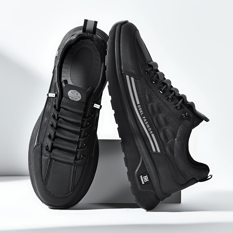 Men's Breathable Casual Sneakers - Comfortable, Versatile  Stylish Shoes for Running, Sports  Casual Attire, Black with White Accents, PU Upper  PVC Sole, Round Toe, Lace-Up Design, All-Season Use