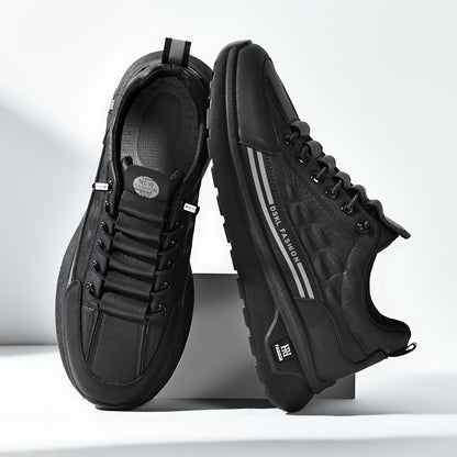Men's Breathable Casual Sneakers - Comfortable, Versatile  Stylish Shoes for Running, Sports  Casual Attire, Black with White Accents, PU Upper  PVC Sole, Round Toe, Lace-Up Design, All-Season Use