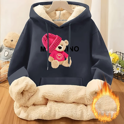 Women'S Thick Fleece Hooded Sweatshirt with Cute Bear Print & Plush - Cozy Winter Warmth, Drawstring Hood & Pockets, Casual Retro Style, Machine Washable For Fall/winter Commuting & Daily Wear, Winter Sweatshirt, Seasonal Fas