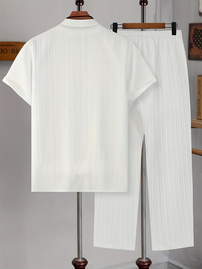Men's New Trendy Textured Wave Stripe Short Sleeve Long Pants Casual Suit