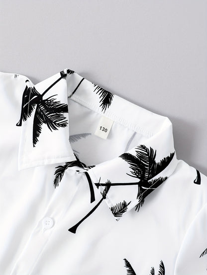 2pcs Boys Casual Coconut Tree Graphic Print Short Sleeve Lapel Shirt & Shorts Set, Comfy Summer Boys Clothing For Daily & Outdoor Wear