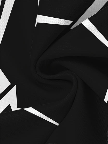 Men's Geometric Patchwork T-Shirt - Black  White Contrast Design, Breathable 100% Polyester, Regular Fit Casual Summer Tee, Machine Washable