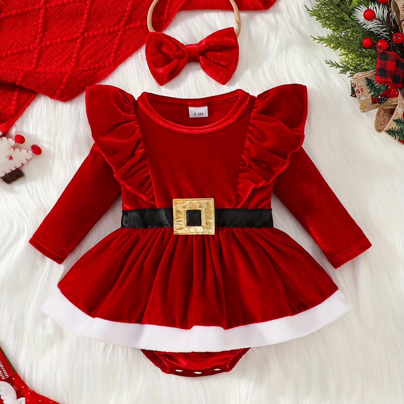 2pcs Golden Velvet Flutter Sleeve Lace Belt Decorated Long Sleeve Bodysuit with Fluffy Skirt + Bow Headscarf Set Autumn and Winter Christmas Cute Party Outfit, for Outdoor