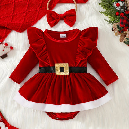 2pcs Golden Velvet Flutter Sleeve Lace Belt Decorated Long Sleeve Bodysuit with Fluffy Skirt + Bow Headscarf Set Autumn and Winter Christmas Cute Party Outfit, for Outdoor