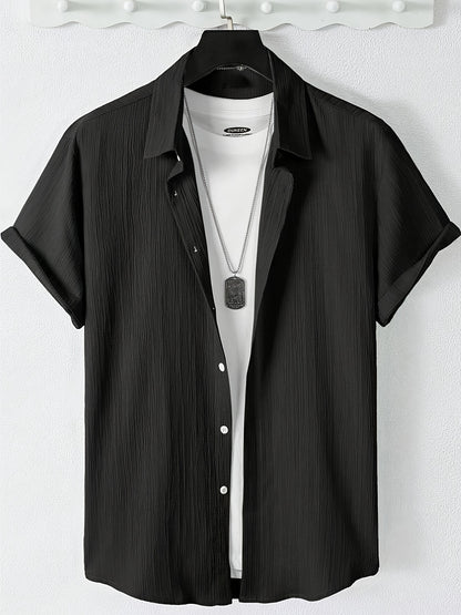 Men's Casual Button-Front Shirt with Lapel Collar, Lightweight Polyest