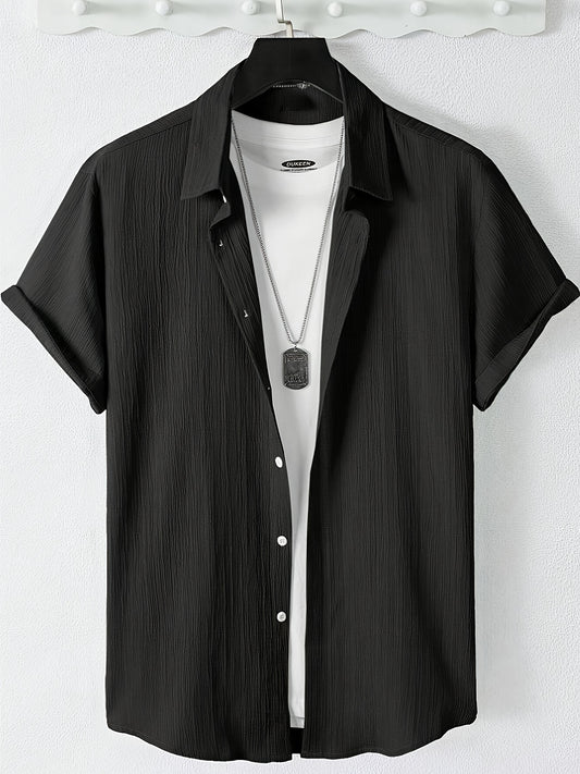 Men's Casual Button-Front Shirt with Lapel Collar, Lightweight Polyest
