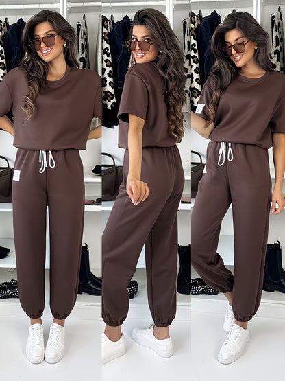 2026 New European and American Style Women's Casual Set: Round Neck Short Sleeve Top + Jogger Pants, Lazy Style Loose Fit Two-Piece Set