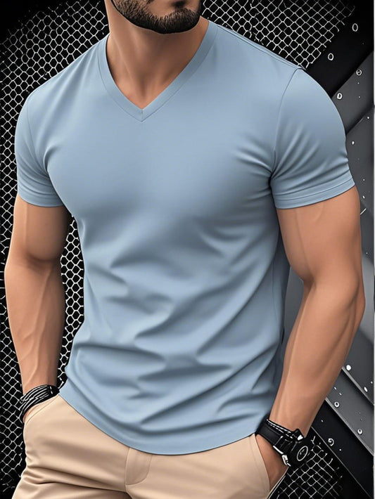 1pc Men's Light Blue Solid Color V-Neck Casual T-Shirt - Breathable Regular Fit Short Sleeve Tee for Spring Summer, Gym, Office  Casual Attire
