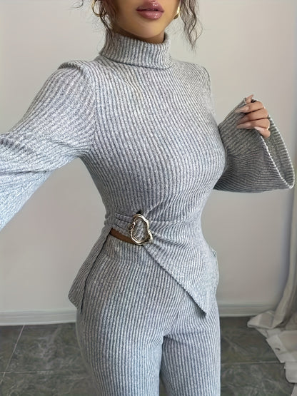 Women'S Autumn-Winter Fleece-Lined High Neck Asymmetrical Hem Long Sleeve Pants Suit | Elegant Solid Color Design.