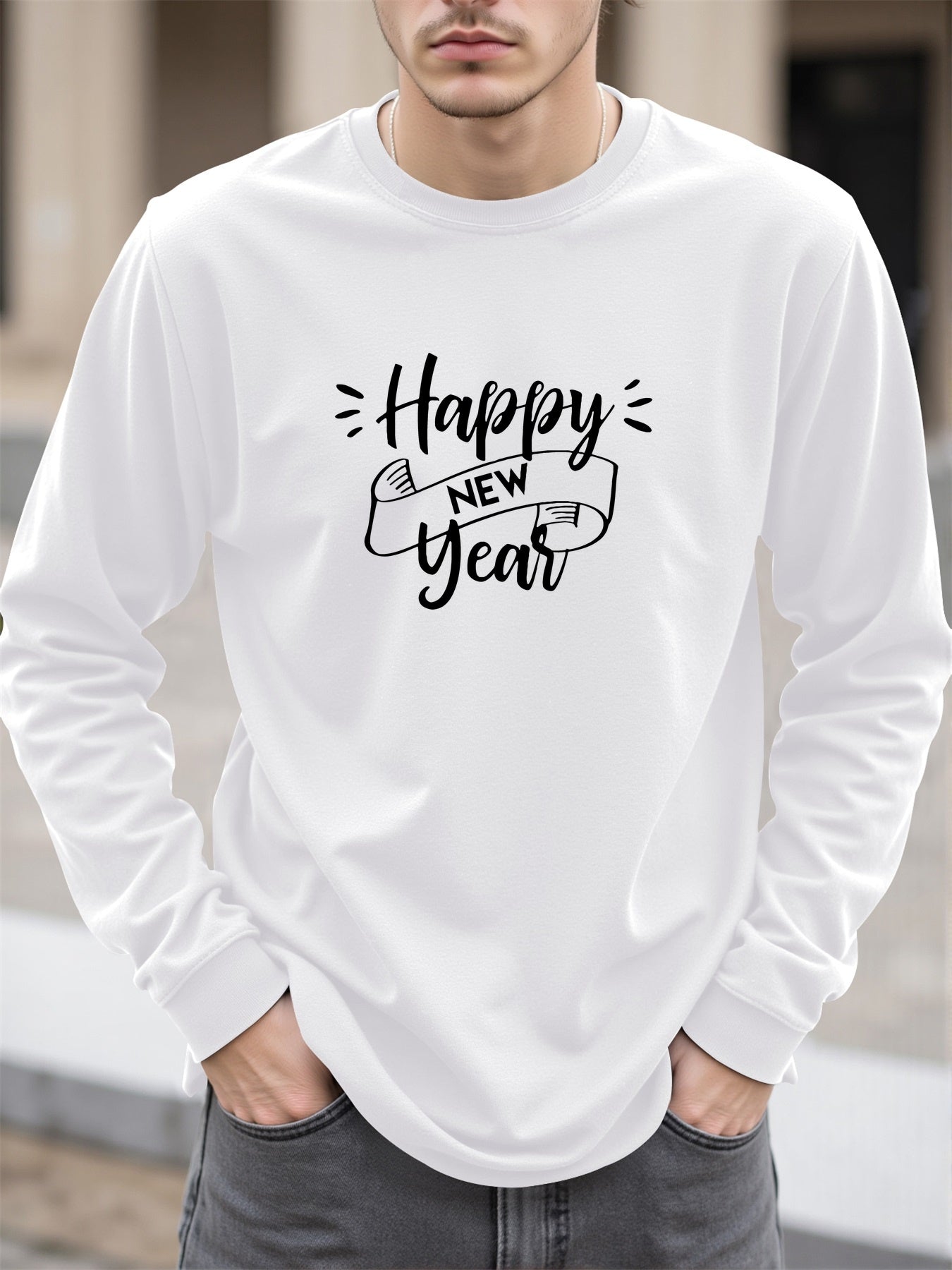 Men'S Happy New Year Graphic T-Shirt - Casual Long Sleeve Crew Neck, White with Black Lettering & Festive Design, Loose Fit for Spring/Fall, Perfect for Casual Attire, Festive Clothing | Festive Graphic Tee | Comfortable Fit