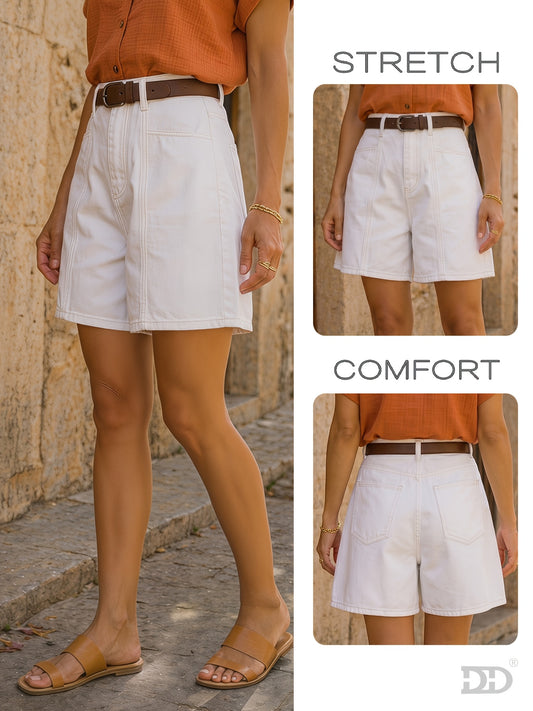 Women's High-Waist White Denim Shorts with Seam Detail